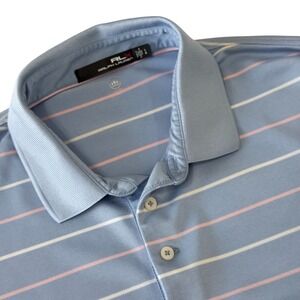 RLX Ralph Lauren Mens Large Blue Striped Performance Golf Polo Shirt Wicking L